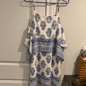 blue and white patterned dress